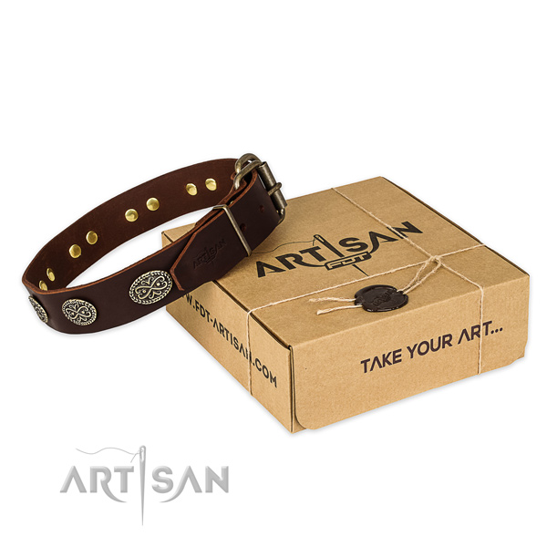 Strong hardware on full grain genuine leather collar for your handsome dog