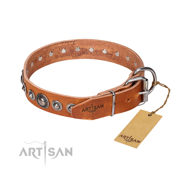 Full grain natural leather dog collar made of reliable material with corrosion proof adornments