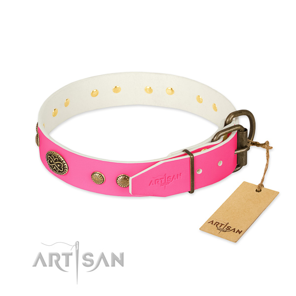 Rust resistant decorations on full grain natural leather dog collar for your dog