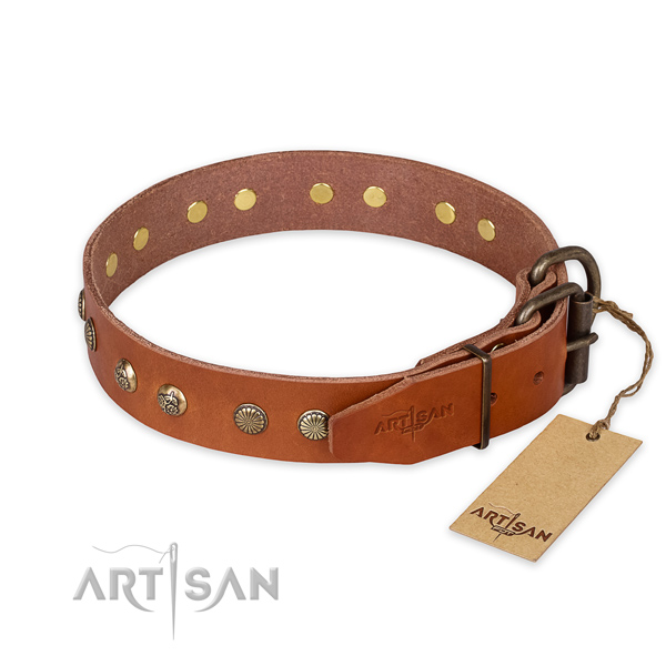 Strong hardware on natural genuine leather collar for your beautiful four-legged friend