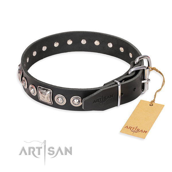 Natural genuine leather dog collar made of top notch material with corrosion resistant adornments