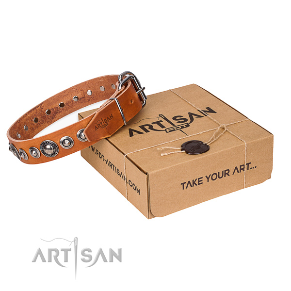 Full grain genuine leather dog collar made of quality material with corrosion proof hardware