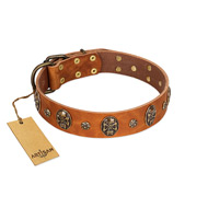 "Rockstar" FDT Artisan Tan Leather Siberian Husky Collar with Engraved Studs and Medallions