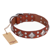 "Magic Squares" FDT Artisan Tan Leather Siberian Husky Collar with Silver-like Decor