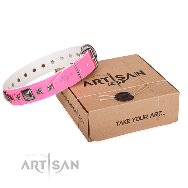 Comfortable wearing genuine leather dog collar with embellishments