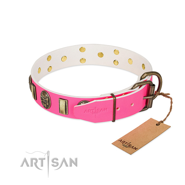 Corrosion resistant embellishments on natural genuine leather dog collar for your canine