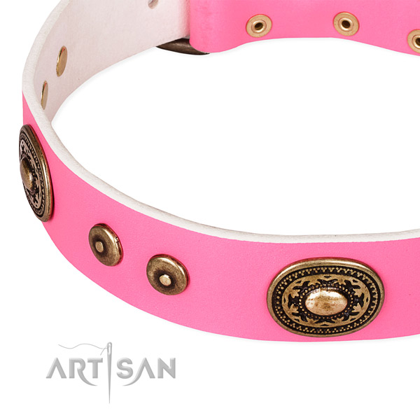 Natural genuine leather dog collar made of soft to touch material with adornments