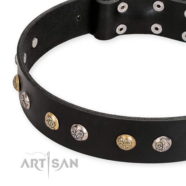 Genuine leather dog collar with inimitable rust resistant decorations