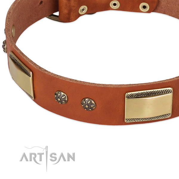 Strong D-ring on natural genuine leather dog collar for your four-legged friend