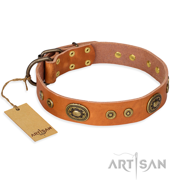 Natural genuine leather dog collar made of soft to touch material with strong traditional buckle