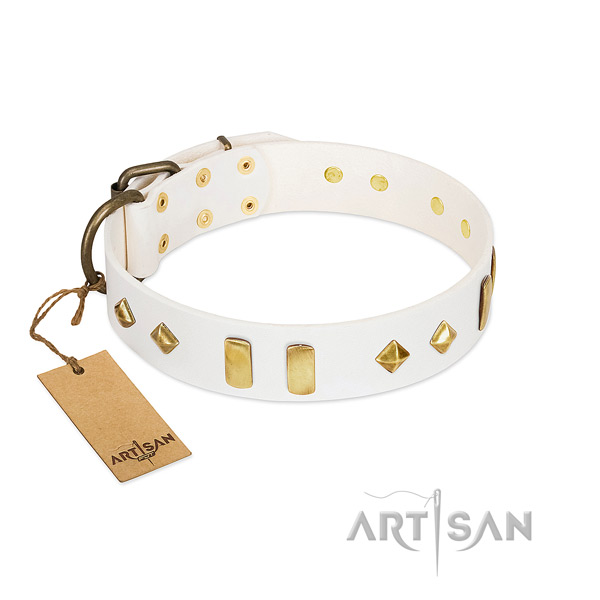 Handy use reliable full grain genuine leather dog collar with decorations