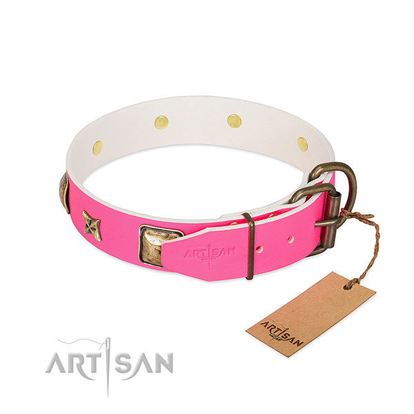 Corrosion proof buckle on full grain genuine leather collar for fancy walking your canine