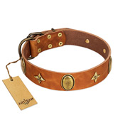 "Space Warrior" FDT Artisan Tan Leather Siberian Husky Collar with Ovals and Stars
