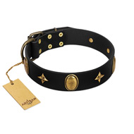 "Star Powder" FDT Artisan Black Leather Siberian Husky Collar with Ovals and Stars - 1 1/2 inch Wide