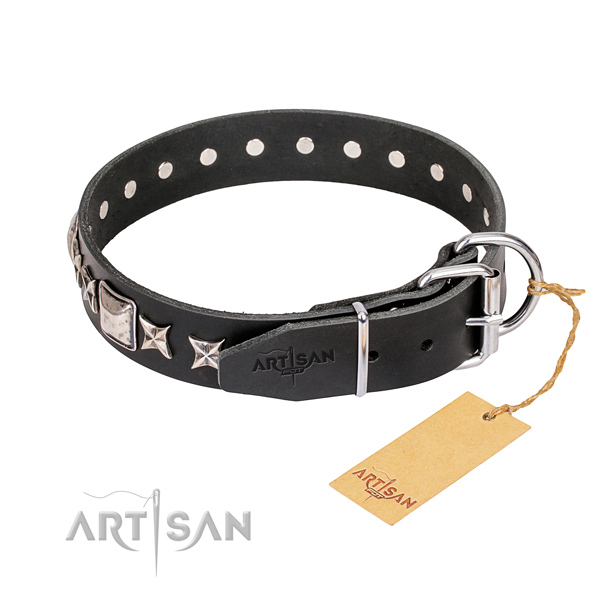 Handy use genuine leather collar with decorations for your doggie