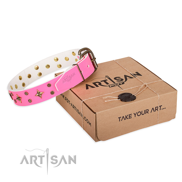 Studded full grain leather dog collar for comfortable wearing