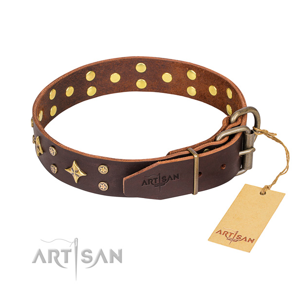 Handy use natural genuine leather collar with adornments for your doggie