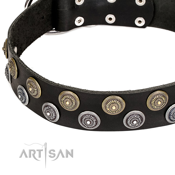 Natural genuine leather dog collar with extraordinary decorations