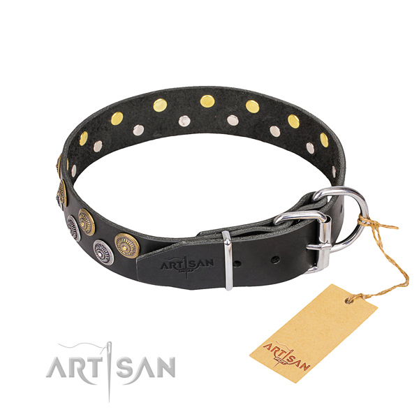 Everyday use natural genuine leather collar with adornments for your four-legged friend