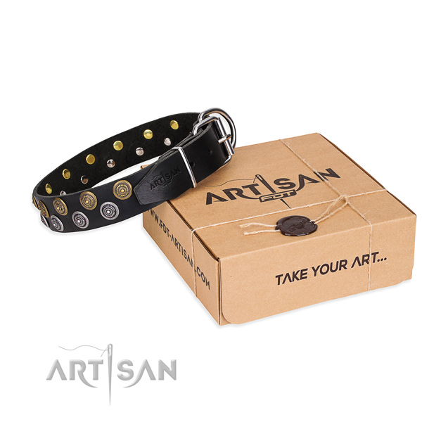 Full grain natural leather dog collar with decorations for everyday walking