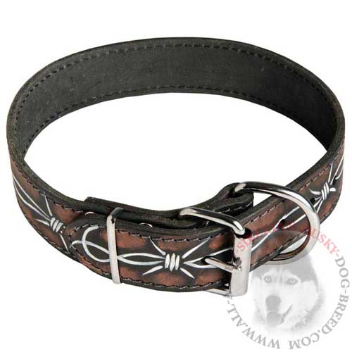 Leather Siberian Husky Collar Barbed Wire Painted