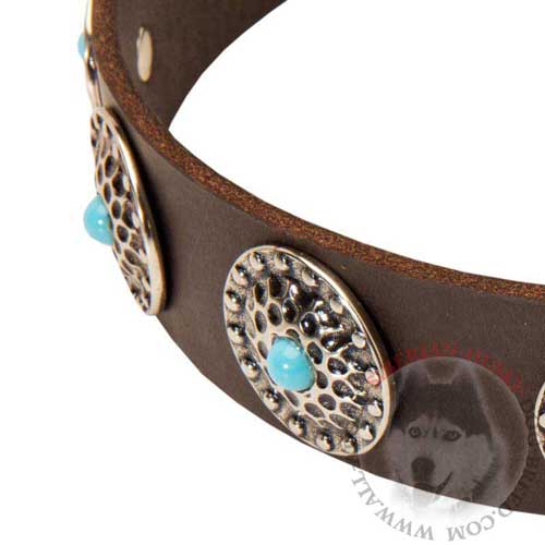 Studded Leather Siberian Husky Collar with Blue Stones in the Circles