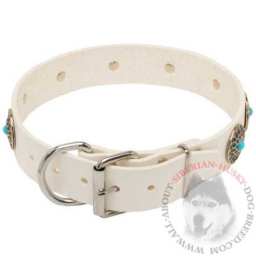 White Leather Siberian Husky Collar with Circles for Training