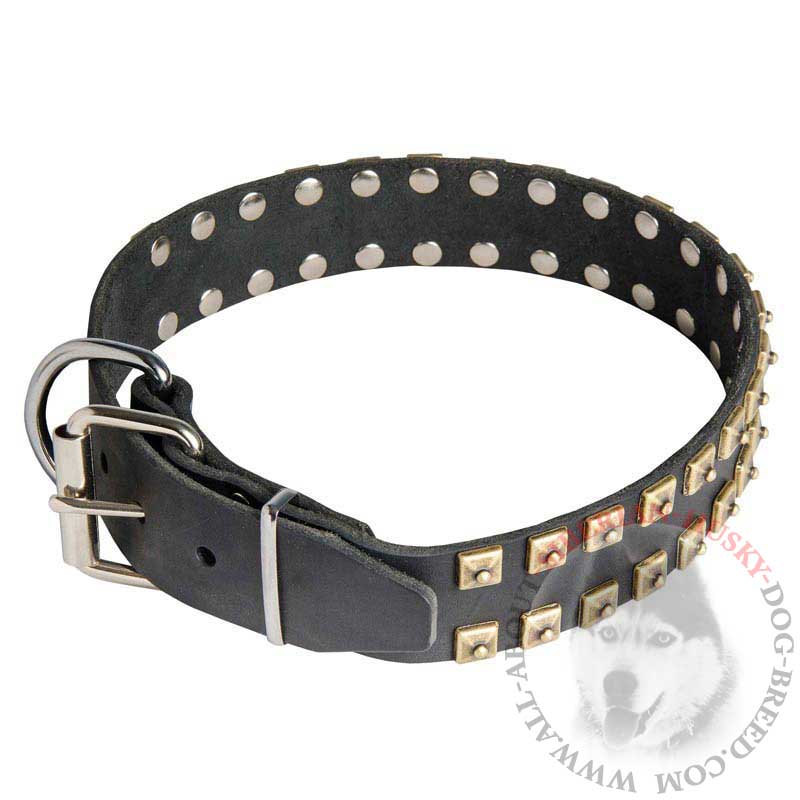 Handmade Leather Siberian Husky 【Collar】 with 2 Rows of Square Dotted ...