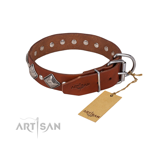 Genuine leather dog collar with smooth leather strap