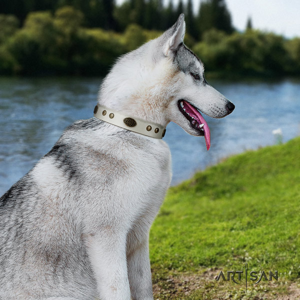 Siberian Husky natural genuine leather dog collar with decorations for walking