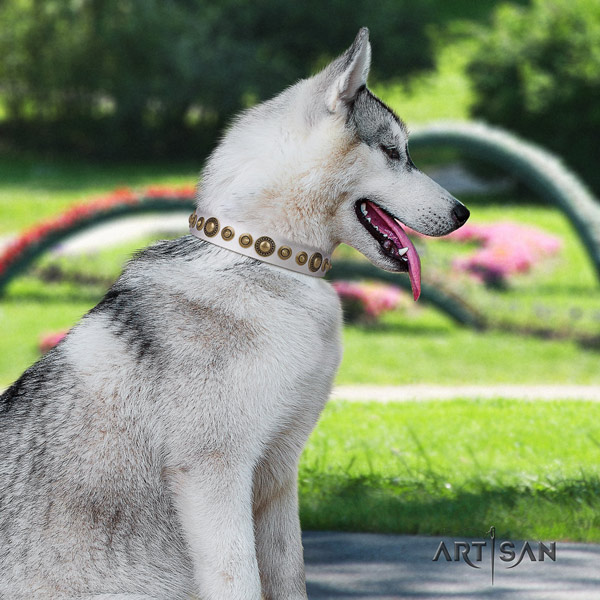 Siberian Husky leather dog collar with decorations for daily use