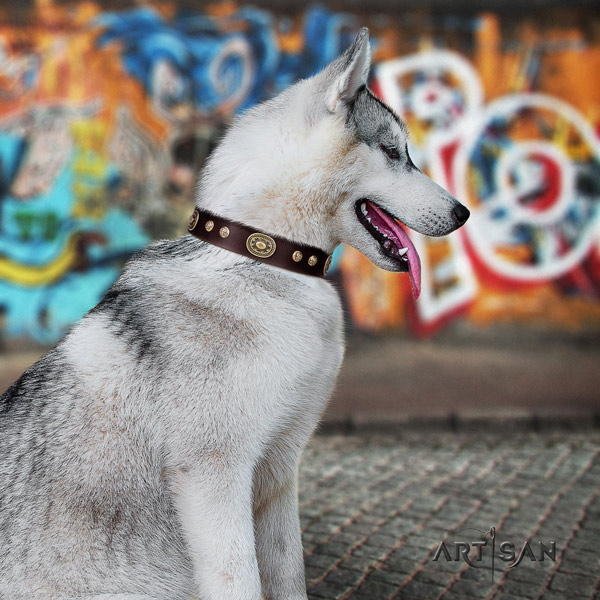 Siberian Husky full grain genuine leather dog collar with decorations for walking