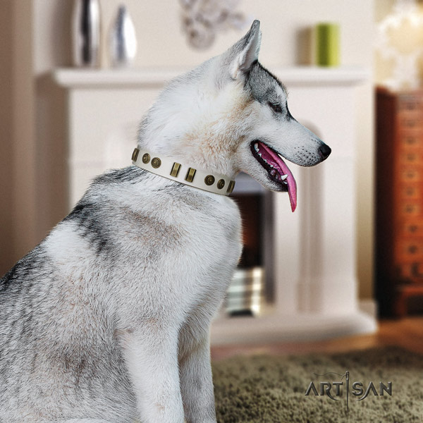 Siberian Husky full grain genuine leather dog collar with embellishments for everyday use