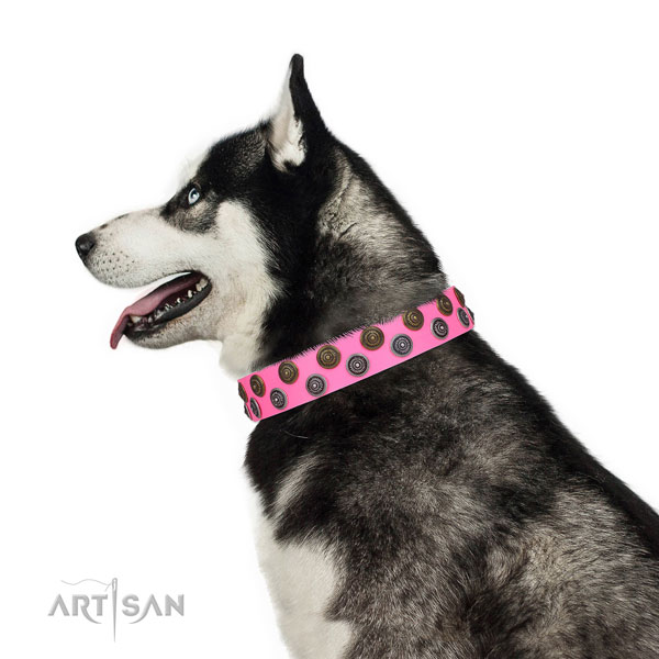 Siberian Husky unique leather dog collar for handy use