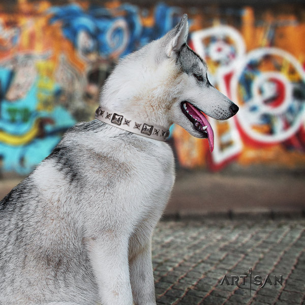 Siberian Husky full grain natural leather dog collar with embellishments for comfortable wearing