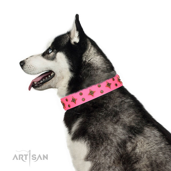 Siberian Husky decorated leather dog collar for everyday use