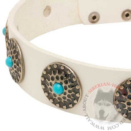 Blue Stones Hand Set on Leather White Siberian Husky Collar