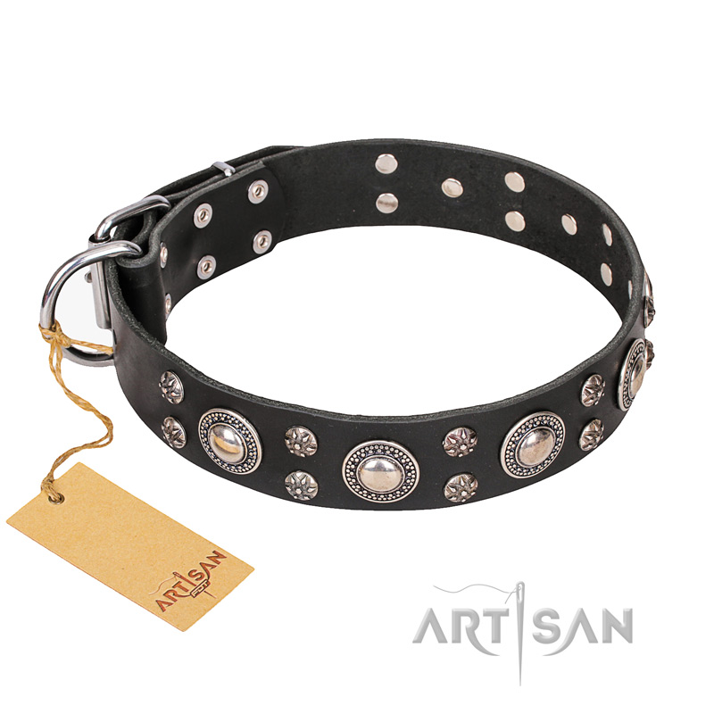 FDT Artisan 'Vintage Necklace' Studded Black Leather Siberian Husky Collar - 1 1/2 inch (40mm) wide