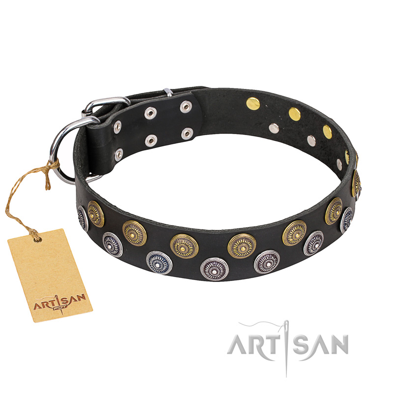 "Romantic Breeze" FDT Artisan Black Leather Siberian Husky Collar with Stunning Circles