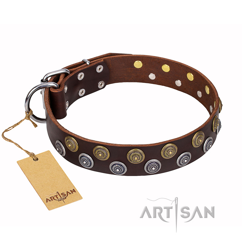 'Strong Shields' Decorated FDT Artisan Brown Leather Siberian Husky Collar - 1 1/2 inch (40 mm) wide