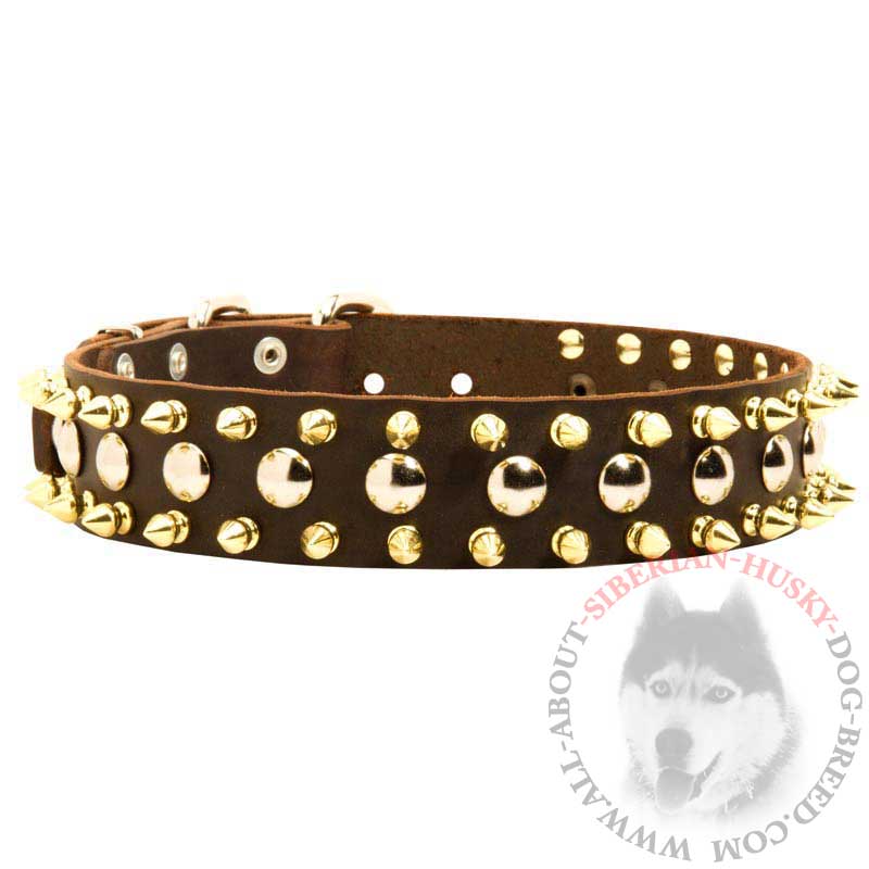 Exclusive Leather Siberian Husky Collar with Spikes and Studs