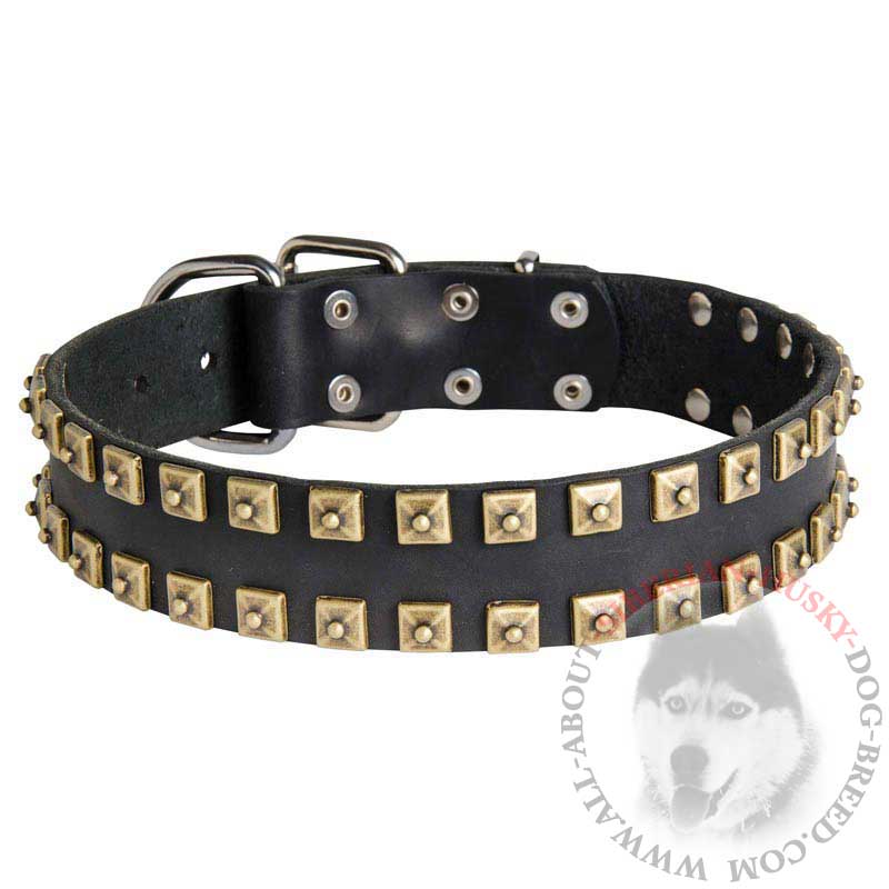 Handmade Leather Siberian Husky Collar with 2 Rows of Square Dotted Studs