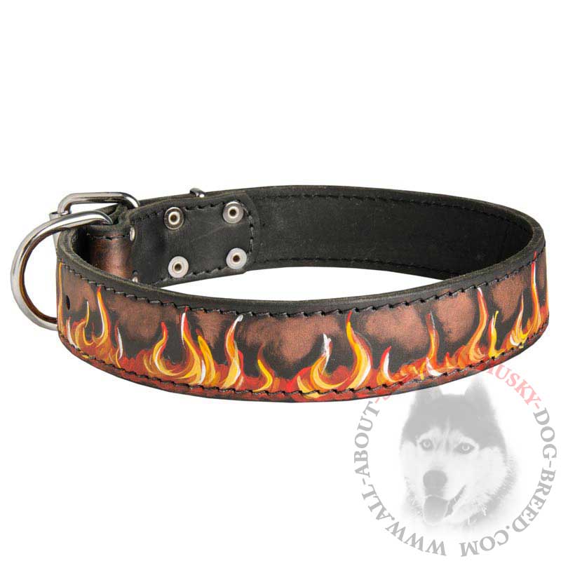 Hand Painted Leather Siberian Husky Collar with Flames
