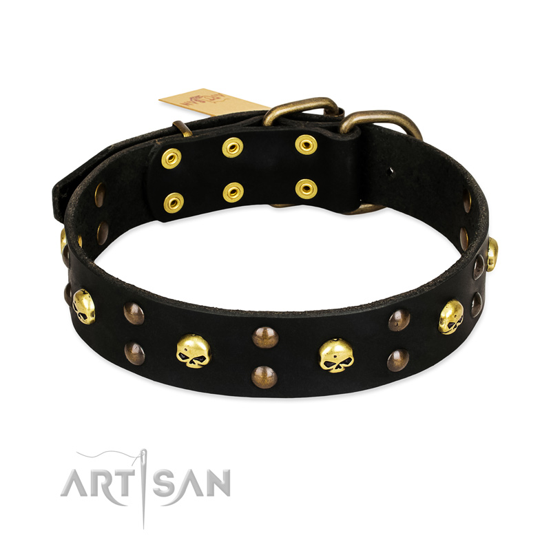 FDT Artisan 'Heavy Metal' Leather Siberian Husky Collar with Skulls and Studs 1 1/2 inch (40 mm)
