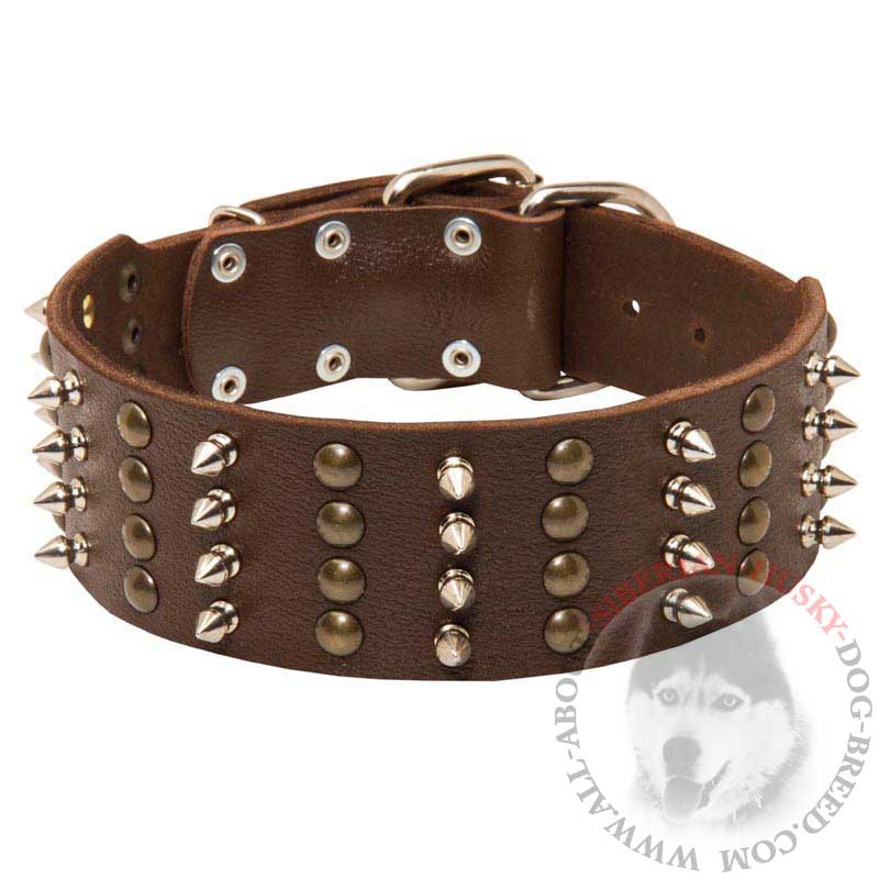 Extra Wide Leather Siberian Husky Collar with Studs and Spikes