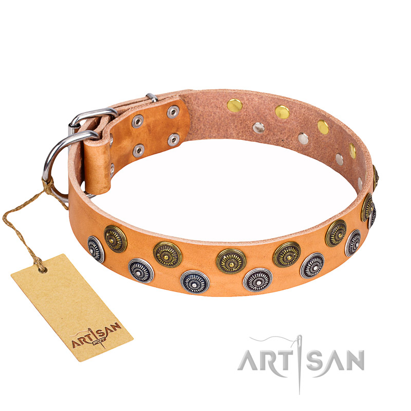 "Precious Sparkle" FDT Artisan Tan Leather Siberian Husky Collar with Vintage Decorations