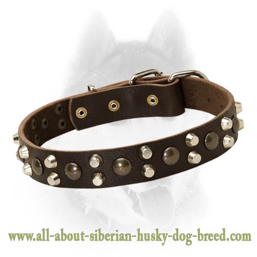 Luxury Leather Collar with Two Rows of Pyramids and One Row of Studs
