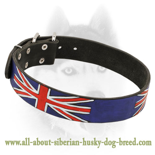 "United Kingdom Pride" Hand-Painted Leather Dog Collar for Siberian Husky