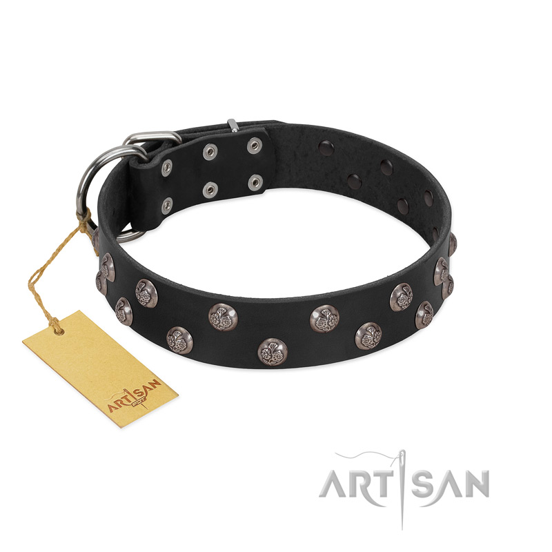"Power-Flower" FDT Artisan Black Leather Siberian Husky Collar with Two Rows of Silver-like Studs with Engraved Flowers - Click Image to Close