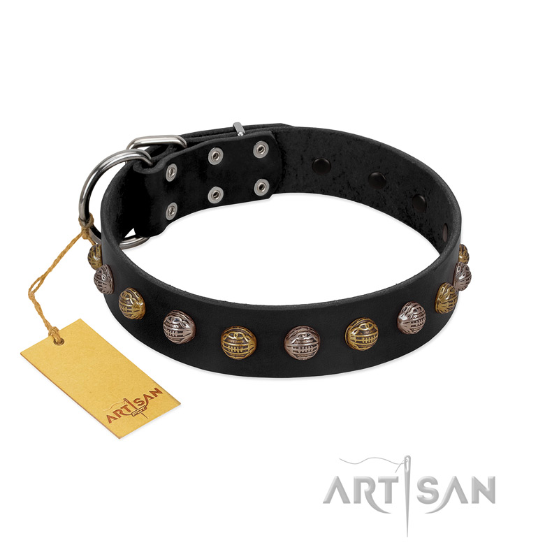 "Inky Prettification" FDT Artisan Black Leather Siberian Husky Collar with One Row of Studs
